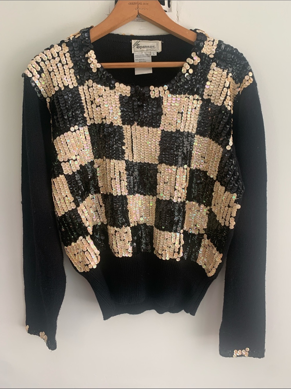 Vintage Sequin Checkerboard Wool Knit Sweater Black/Cream Size L